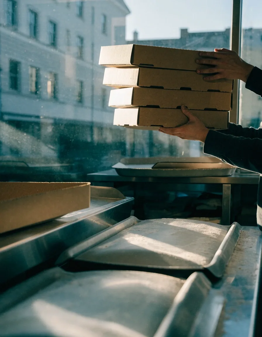 Counter of a pizza branch in cool afternoon window light