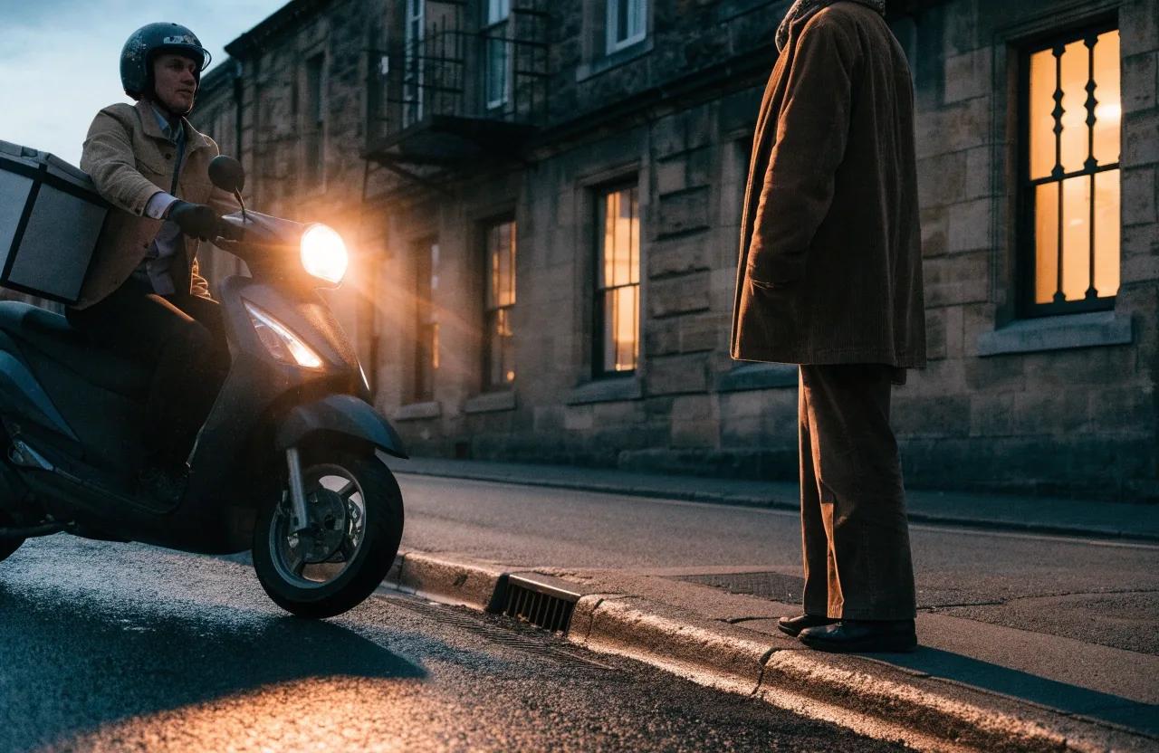 Delivery rider arriving on a wet UK street in the evening