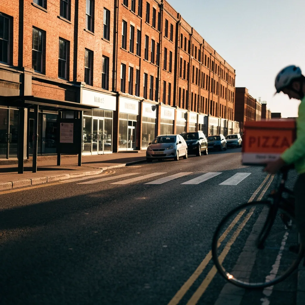 UK commuter-belt high street seen from across the road in afternoon light