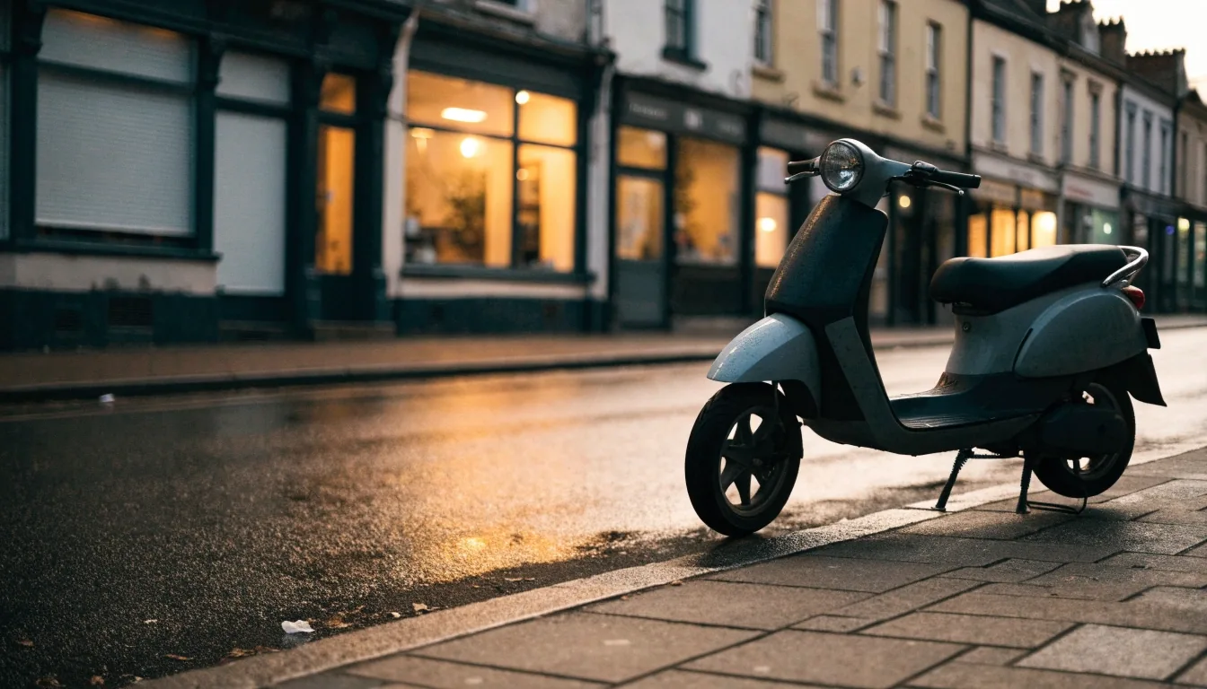 A delivery scooter parked at the kerb on a wet UK high street at dusk with shop light on the road