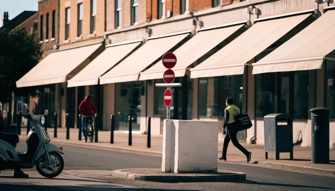 A UK high-street retail parade in flat afternoon daylight, awnings at half height and a scooter parked at the kerb