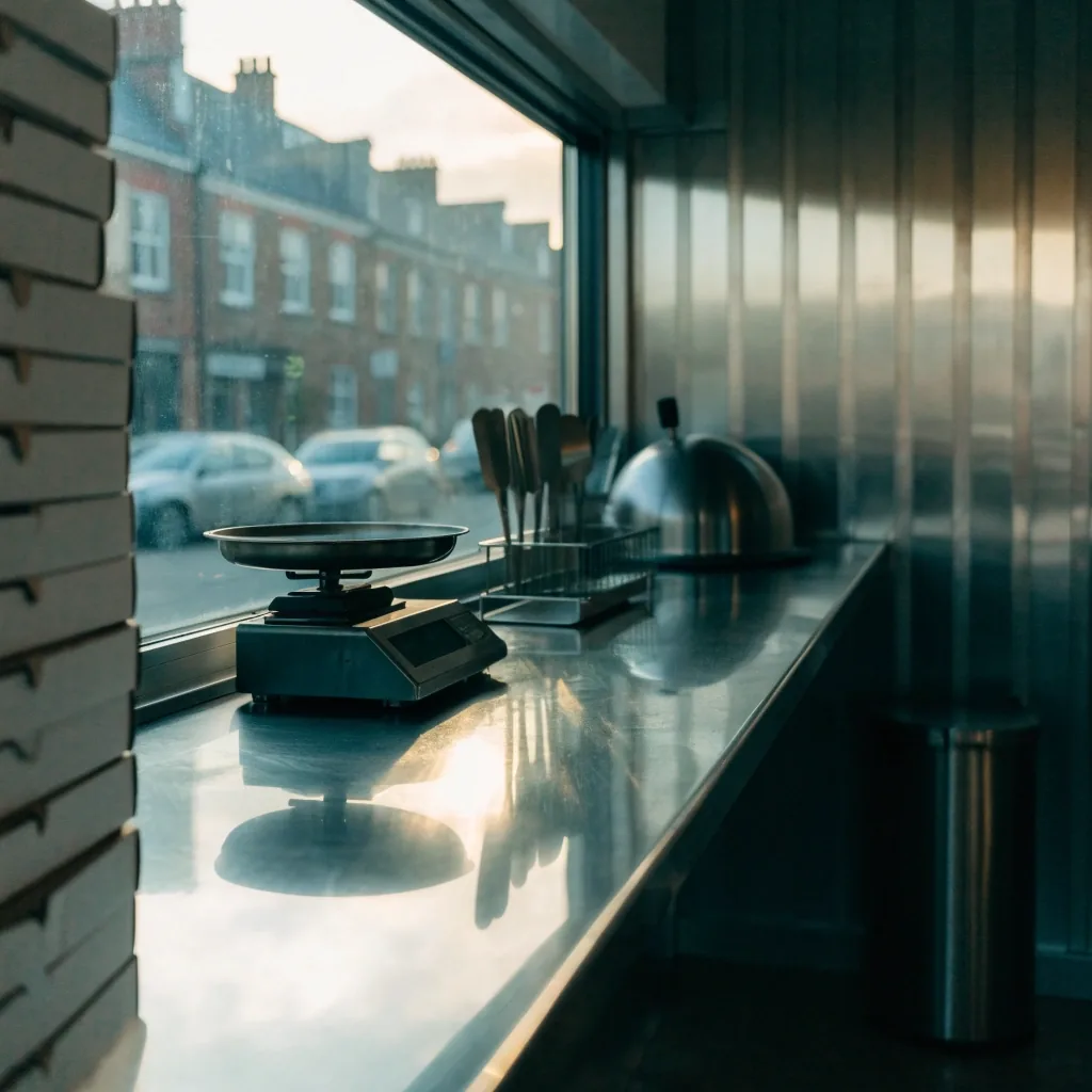Interior of a small UK takeaway counter in cool afternoon window light with boxes stacked out of focus