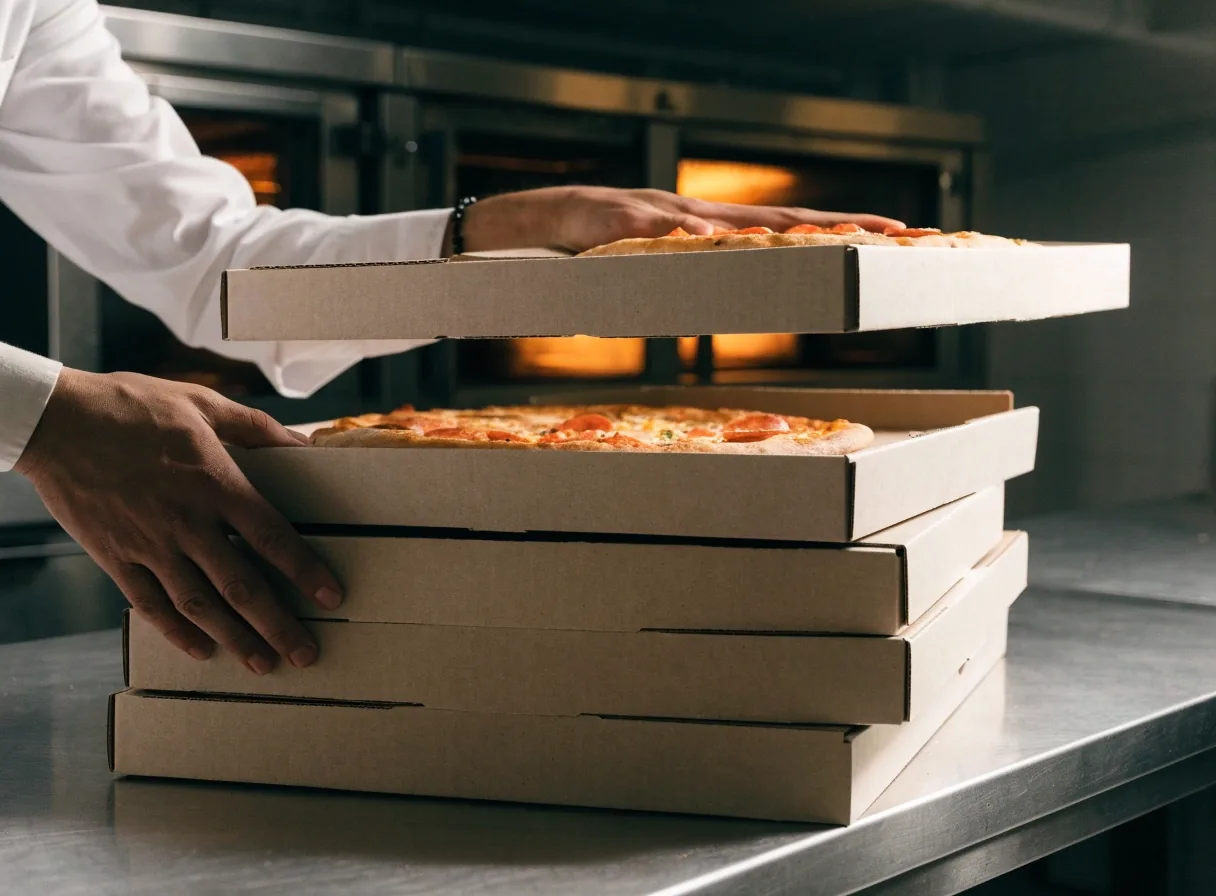 Unbranded pizza boxes stacked on a stainless counter in a takeaway kitchen