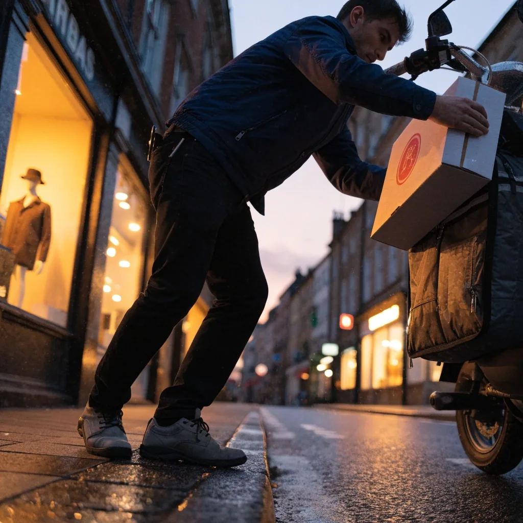 Delivery scooter parked at a wet UK kerb at dusk with warm shopfront light behind