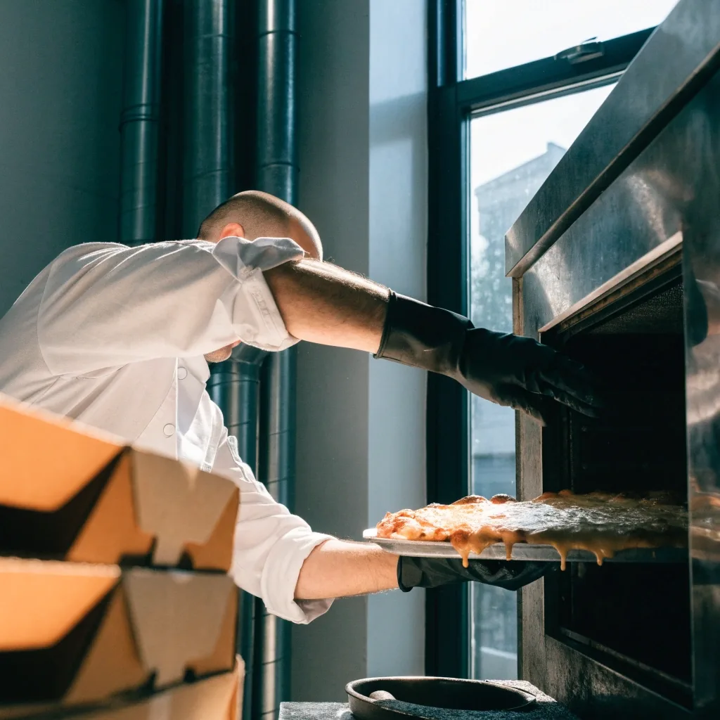 Chef lifting a deep-pan tray from a takeaway kitchen oven in cool afternoon light
