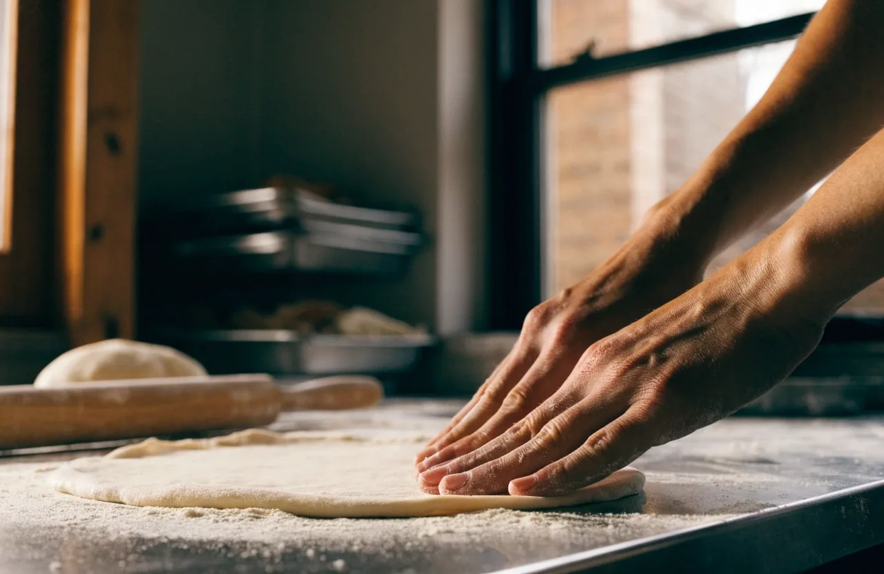 Chef's hands shaping a thin pizza base on a floured steel bench