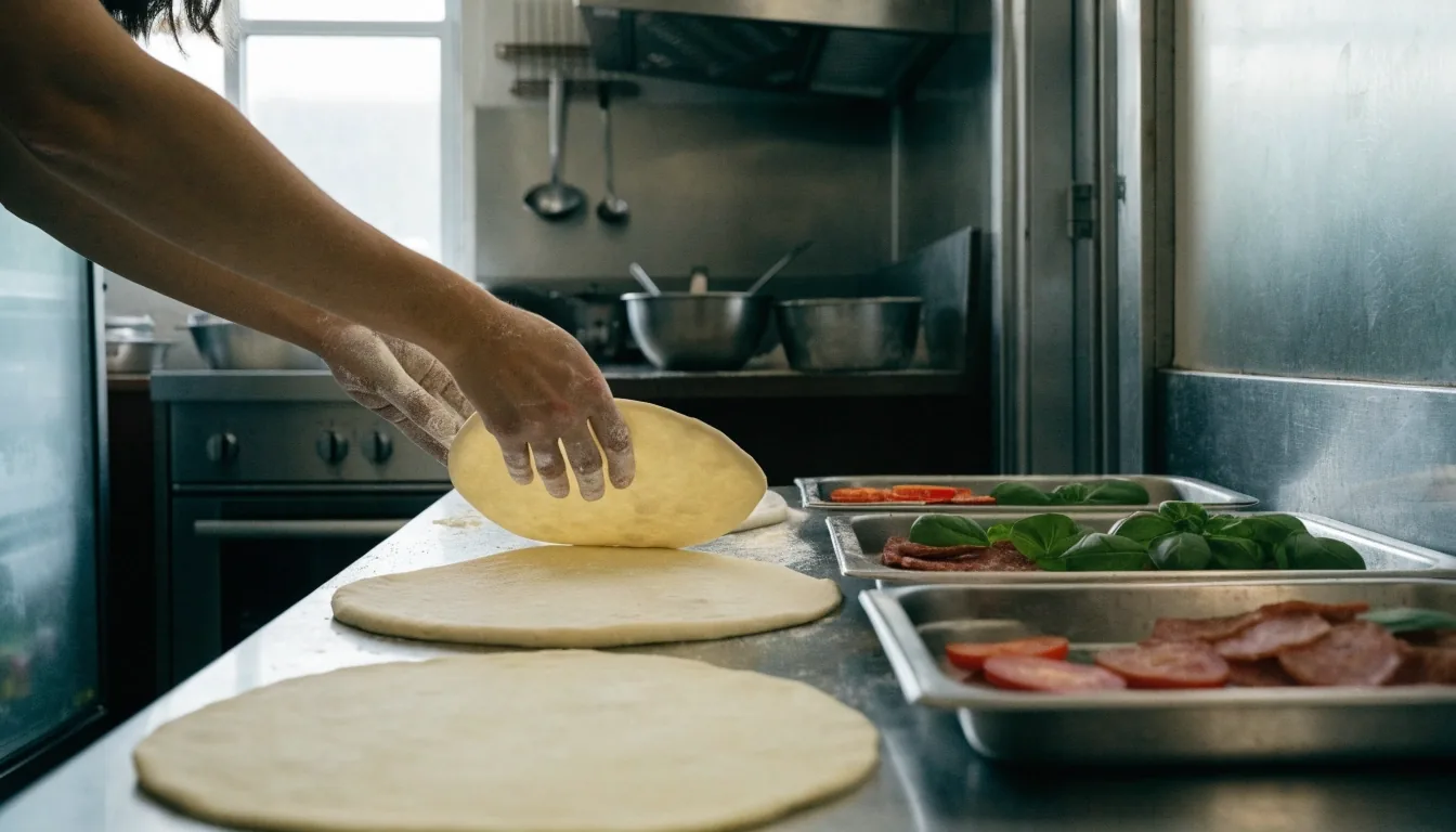 Unbranded pizza boxes stacked on a stainless takeaway counter, a chef's arm closing the top box