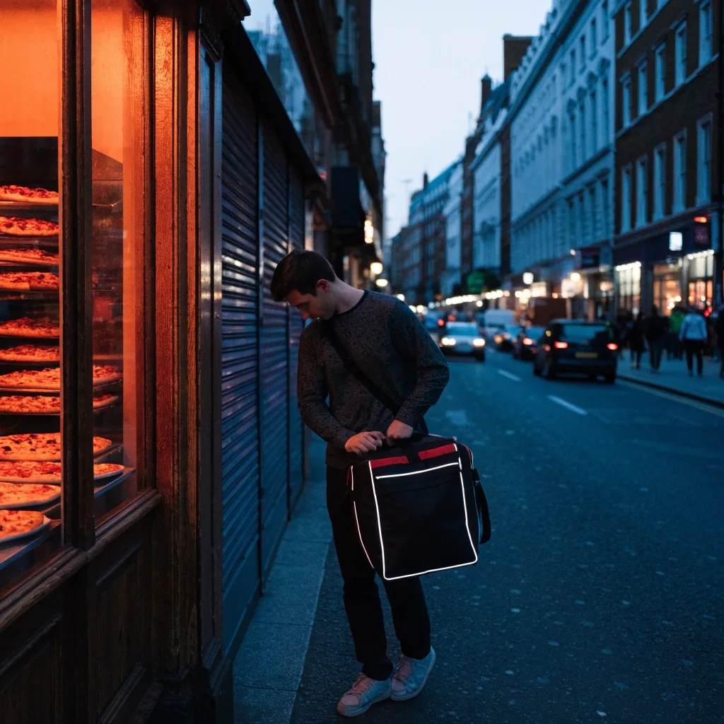 A UK high-street takeaway frontage at dusk with part-drawn shutters and warm interior light