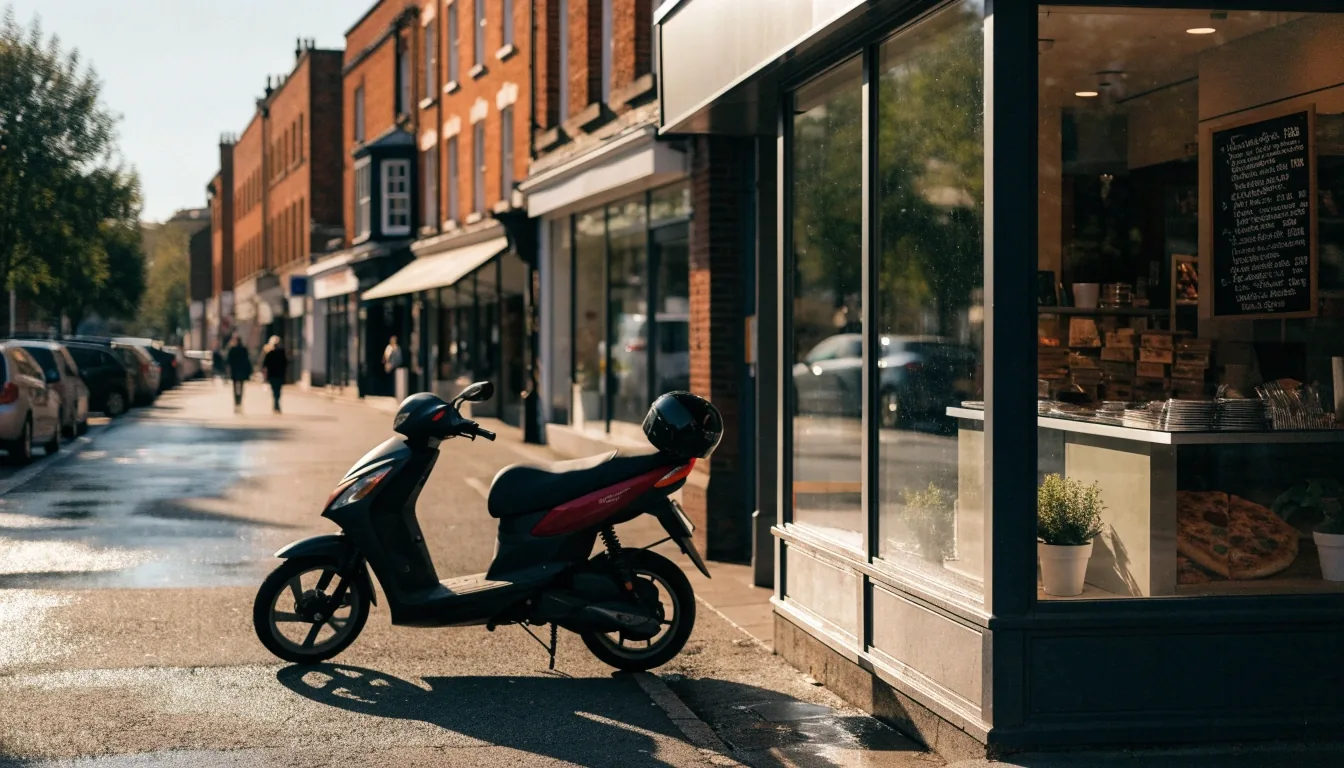 A UK high-street pizza branch at 3pm, with a parked delivery scooter at the kerb