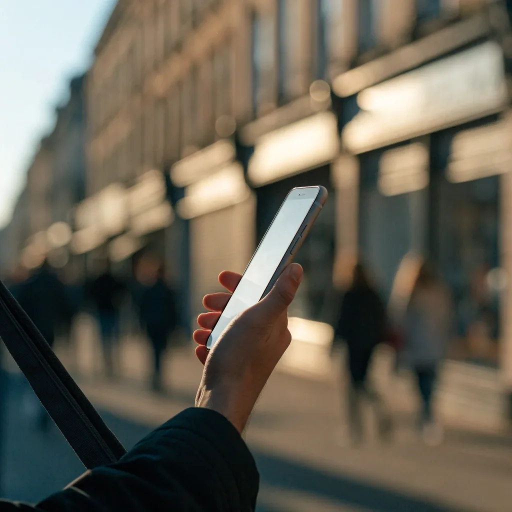 A delivery bag and a phone held on a UK high street in late afternoon light