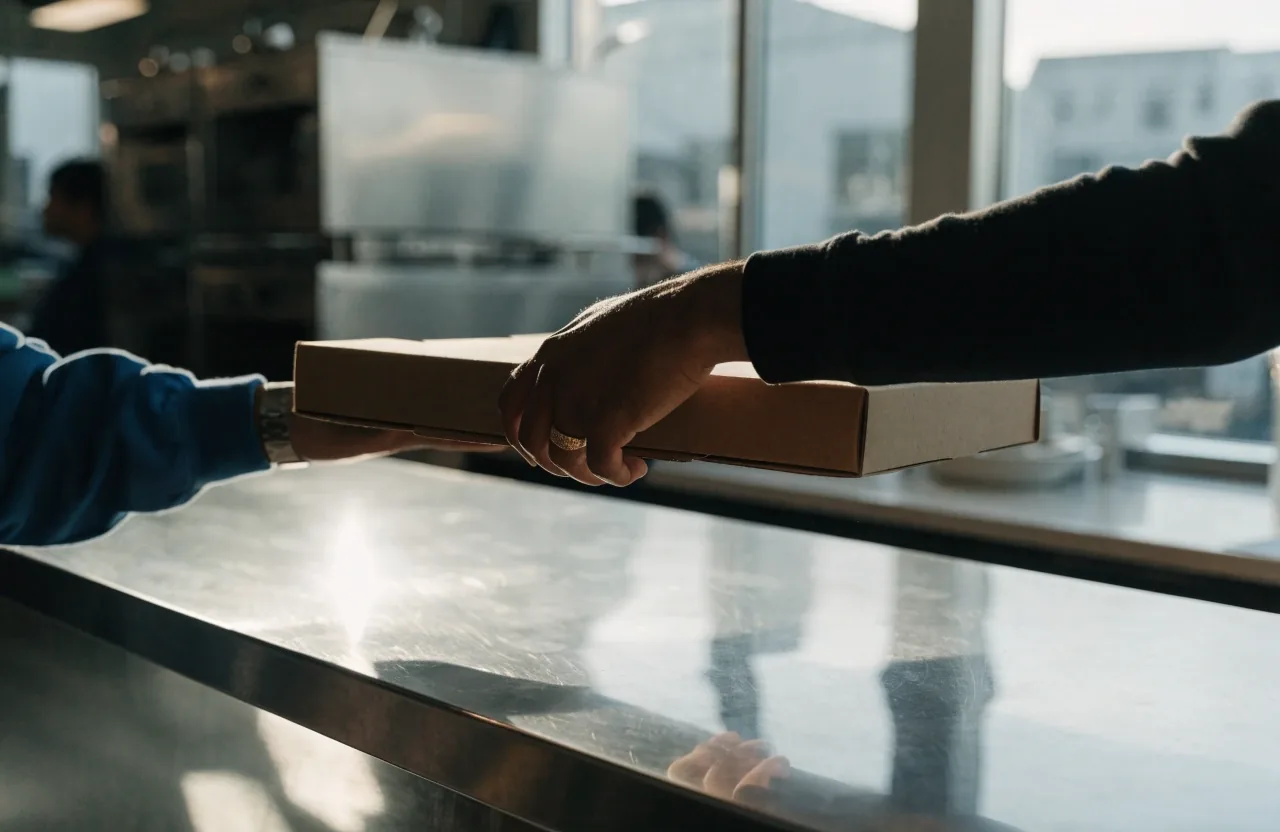 A forearm passing an unbranded pizza box across a stainless counter in a takeaway, cool window light on the surface