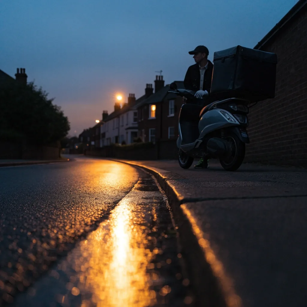 A residential UK street at dusk from kerb level, a delivery scooter waiting at the far kerb, wet tarmac reflecting street light