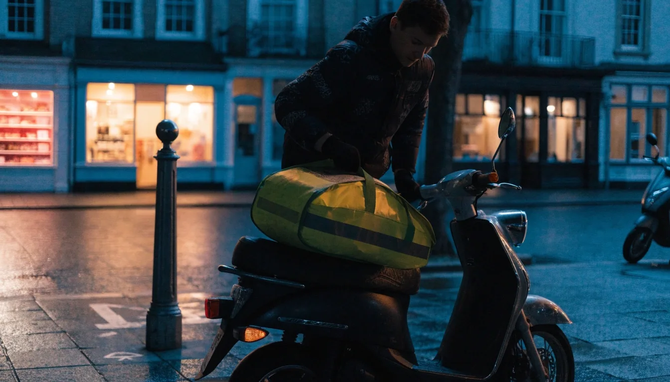 A scooter parked at a kerb on a wet street at night with warm light on the pavement